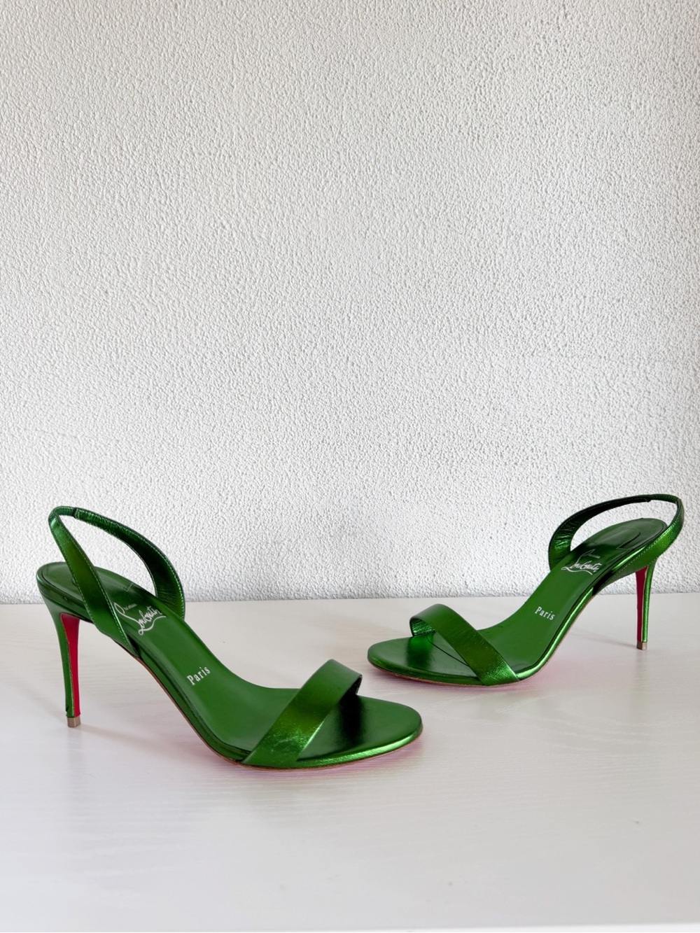Christian Louboutin O Marylin Green Metallic Leather Sandal Heels Size EU 39